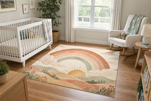 Rainbow Sunrise Hills area rug in a calm nursery with a white crib