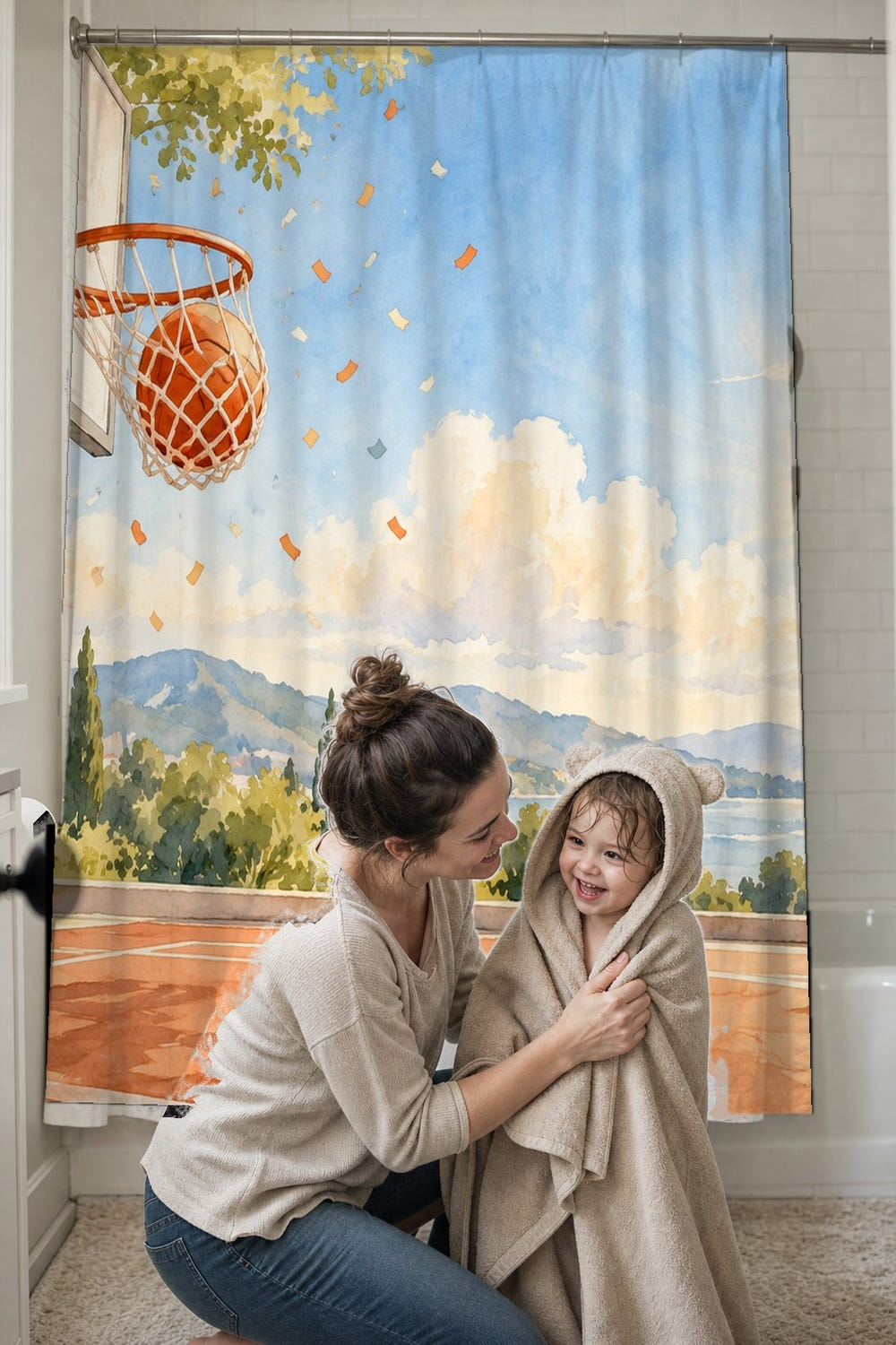 Swish Hoop Basketball shower curtain, full front view of the 71 x 74 in fabric curtain