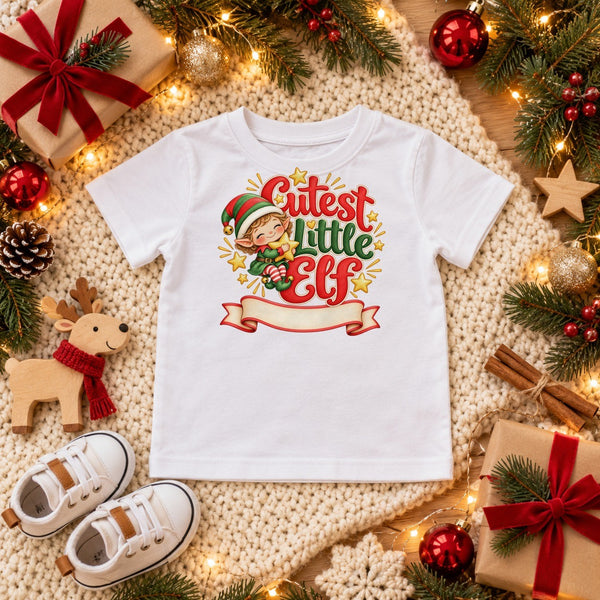 Personalize the Cutest Little Elf toddler t-shirt in white with your baby's name