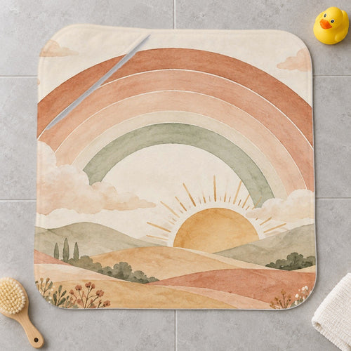 Rainbow Sunrise Hills kids hooded bath towel laid flat