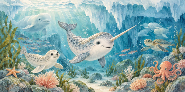 Watercolor Baby Narwhal Ocean Wall Mural, image 3