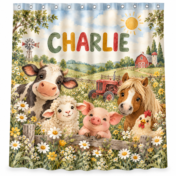 Personalized farm animals kids shower curtain with the name Charlie