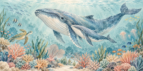 Watercolor Whale Family Ocean Wall Mural, image 3