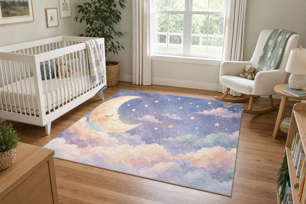 Sleepy Moon area rug in a calm nursery with a white crib