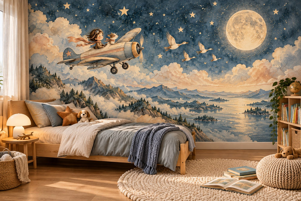 Watercolor Moonlit Flight Wall Mural, image 1