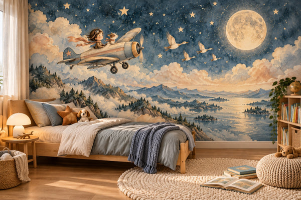 Watercolor Moonlit Flight Wall Mural, image 2