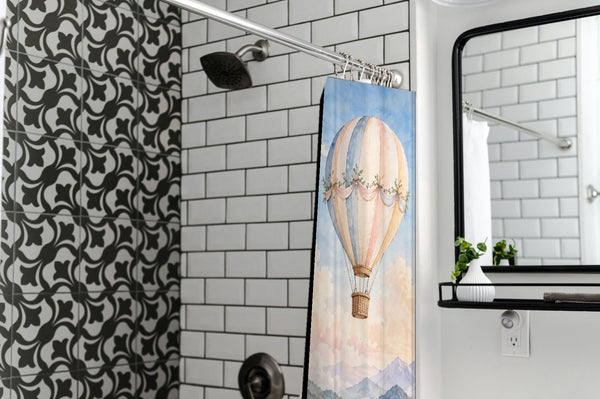 Mountain Hot Air Balloons shower curtain in a modern farmhouse bathroom with subway tile