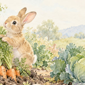 Vegetable Garden Bunny kids bath mat, close up of the watercolor artwork