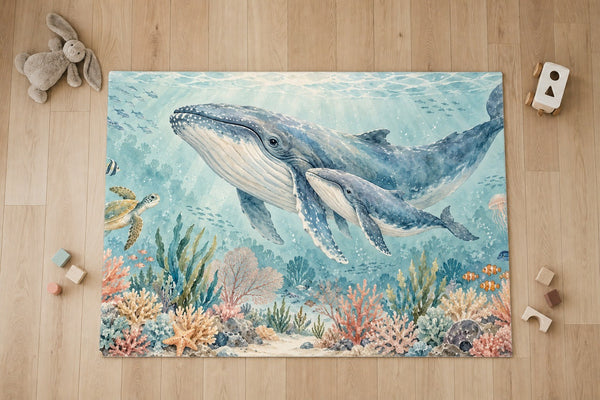 Top view of the Whale Family Ocean kids area rug on a wood floor