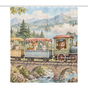 Animal Train shower curtain, full front view of the 71 x 74 in fabric curtain