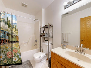 Flower Meadow Train shower curtain on a tub shower combo in an American family bathroom