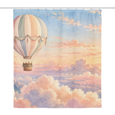 Sunrise Hot Air Balloon shower curtain, full front view of the 71 x 74 in fabric curtain