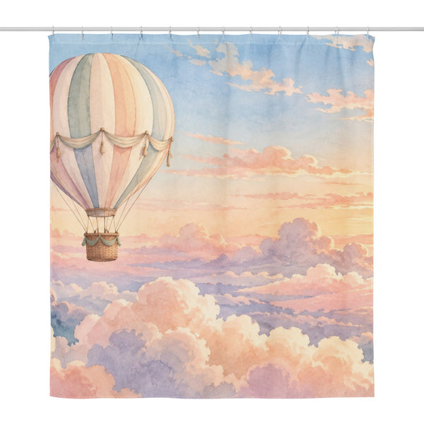 Sunrise Hot Air Balloon shower curtain, full front view of the 71 x 74 in fabric curtain