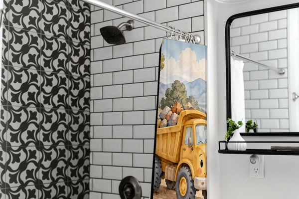 Dump Truck Road shower curtain in a modern farmhouse bathroom with subway tile