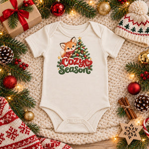 Cozy Season organic cotton baby bodysuit in natural, Christmas flat lay