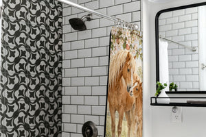 Pony Orchard Farm shower curtain in a modern farmhouse bathroom with subway tile