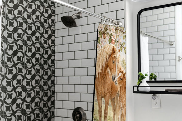 Pony Orchard Farm shower curtain in a modern farmhouse bathroom with subway tile