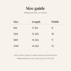 Size guide for the embroidered baby bodysuit