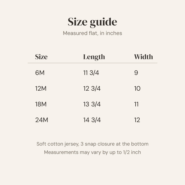 Size guide for the embroidered baby bodysuit