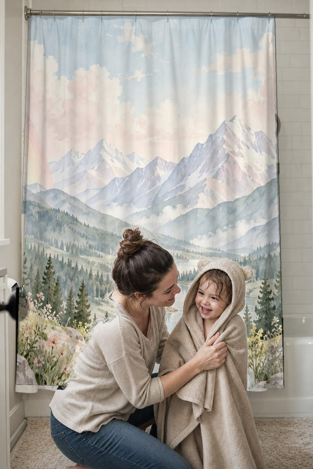 Deer Meadow Rainbow shower curtain, full front view of the 71 x 74 in fabric curtain