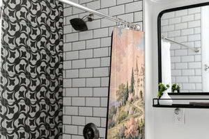Hilltop Castle Fairy Tale shower curtain in a modern farmhouse bathroom with subway tile