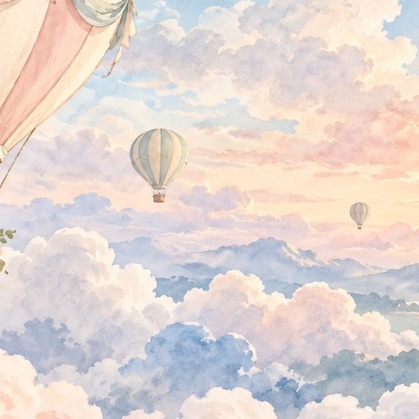 Dreamy Clouds Hot Air Balloon shower curtain, close up of the watercolor artwork