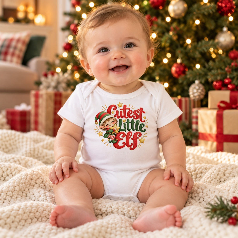 Child wearing the Baby's First Christmas baby bodysuit at Christmas