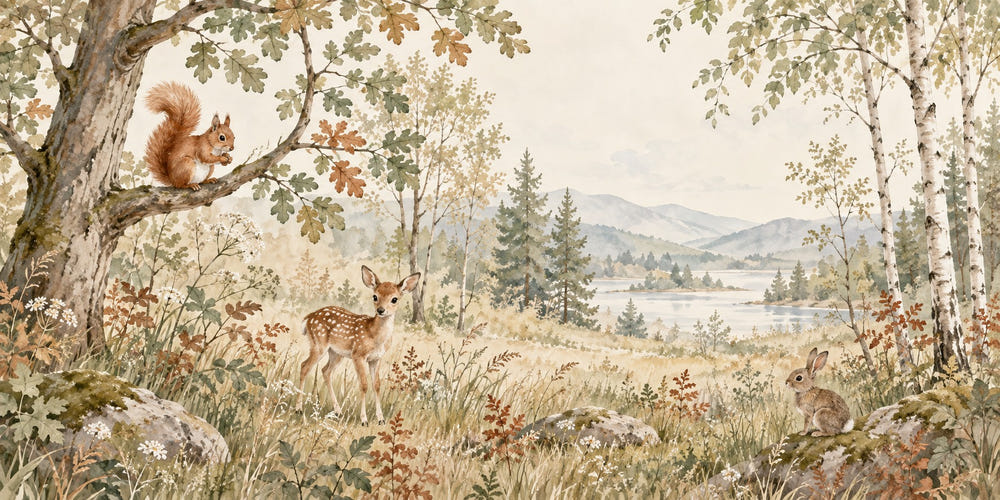 Watercolor Squirrel and Fawn Forest Wall Mural, image 1