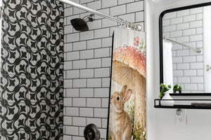 After the Rain Bunny shower curtain in a modern farmhouse bathroom with subway tile