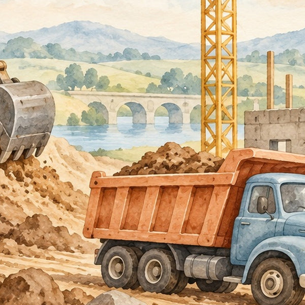 Construction Site shower curtain, close up of the watercolor artwork