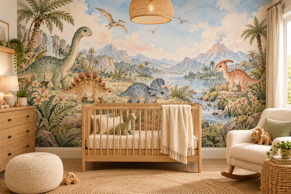 Watercolor Prehistoric Meadow Dinosaur Wall Mural, image 1