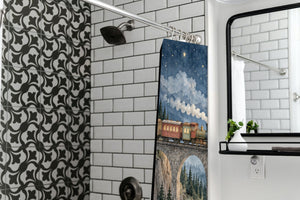 Moonlit Train shower curtain in a modern farmhouse bathroom with subway tile