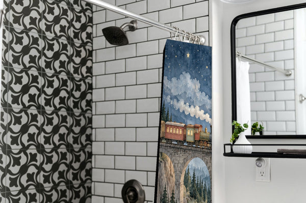 Moonlit Train shower curtain in a modern farmhouse bathroom with subway tile