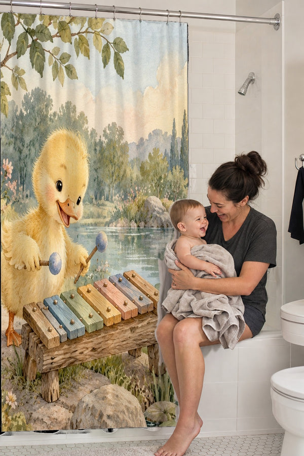 Mom holding her baby on the tub edge next to the Duckling Xylophone shower curtain