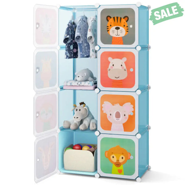 8 Cube Kids Wardrobe Closet with Hanging Section and Doors-8 Cubes Kids Storage