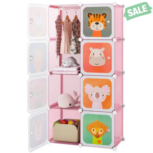8 Cube Kids Wardrobe Closet with Hanging Section and Doors-8 Cubes Kids Storage