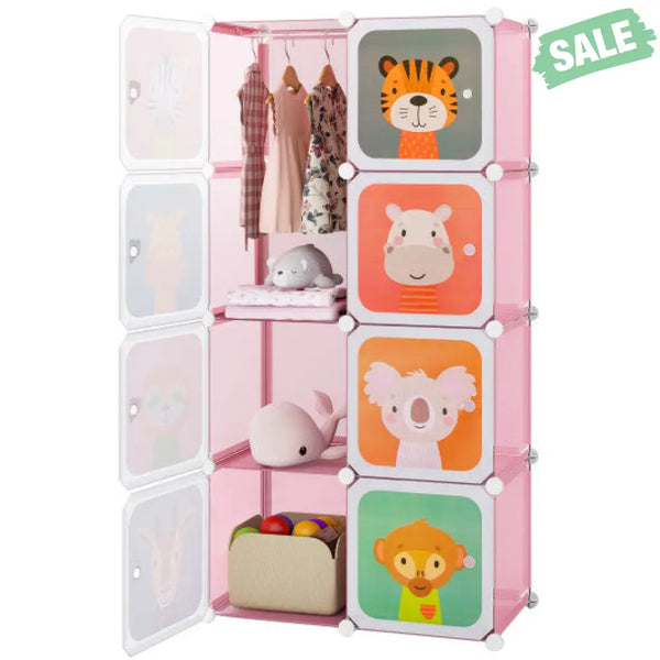8 Cube Kids Wardrobe Closet with Hanging Section and Doors-8 Cubes Kids Storage