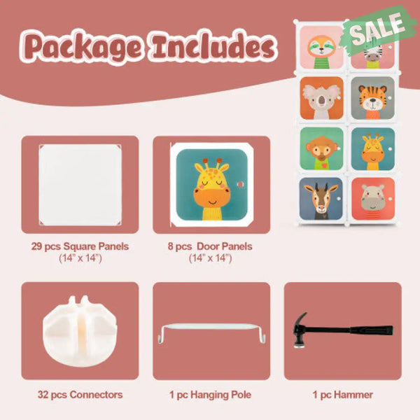 8 Cube Kids Wardrobe Closet with Hanging Section and Doors-8 Cubes White Kids Storage