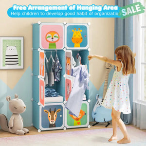 8 Cube Kids Wardrobe Closet with Hanging Section and Doors-8 Cubes Kids Storage