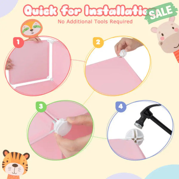 8 Cube Kids Wardrobe Closet with Hanging Section and Doors-8 Cubes Pink Kids Storage