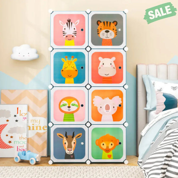 8 Cube Kids Wardrobe Closet with Hanging Section and Doors-8 Cubes Kids Storage