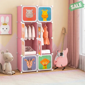 8 Cube Kids Wardrobe Closet with Hanging Section and Doors-8 Cubes Kids Storage