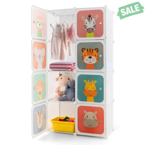 8 Cube Kids Wardrobe Closet with Hanging Section and Doors-8 Cubes Kids Storage