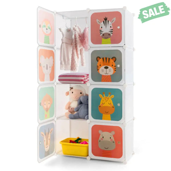 8 Cube Kids Wardrobe Closet with Hanging Section and Doors-8 Cubes Kids Storage