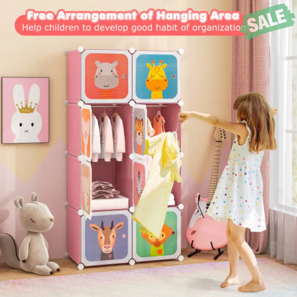 8 Cube Kids Wardrobe Closet with Hanging Section and Doors-8 Cubes Kids Storage