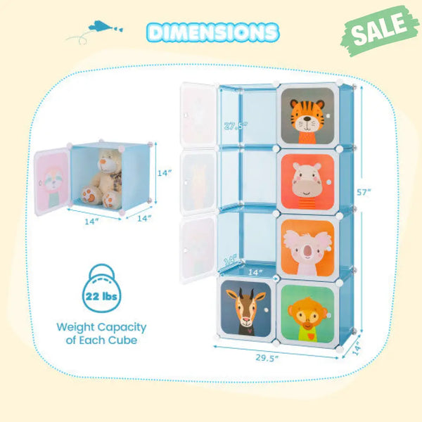 8 Cube Kids Wardrobe Closet with Hanging Section and Doors-8 Cubes Kids Storage