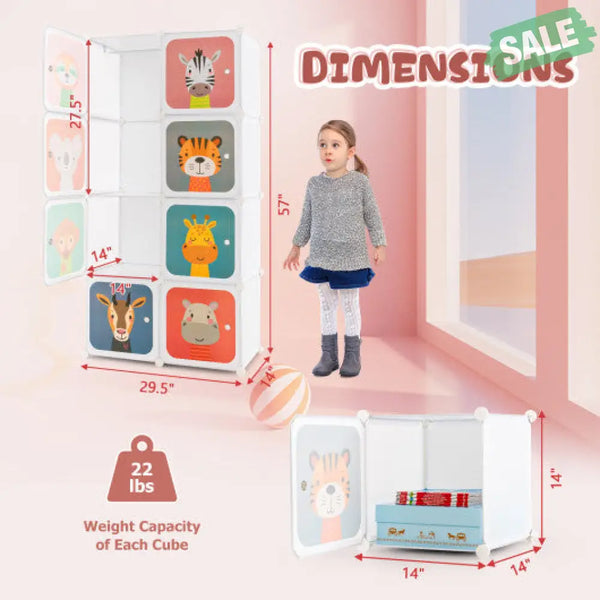 8 Cube Kids Wardrobe Closet with Hanging Section and Doors-8 Cubes Kids Storage