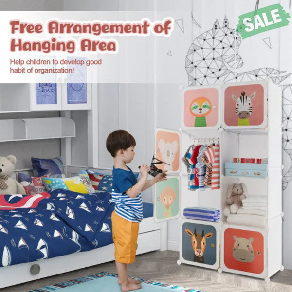 8 Cube Kids Wardrobe Closet with Hanging Section and Doors-8 Cubes Kids Storage