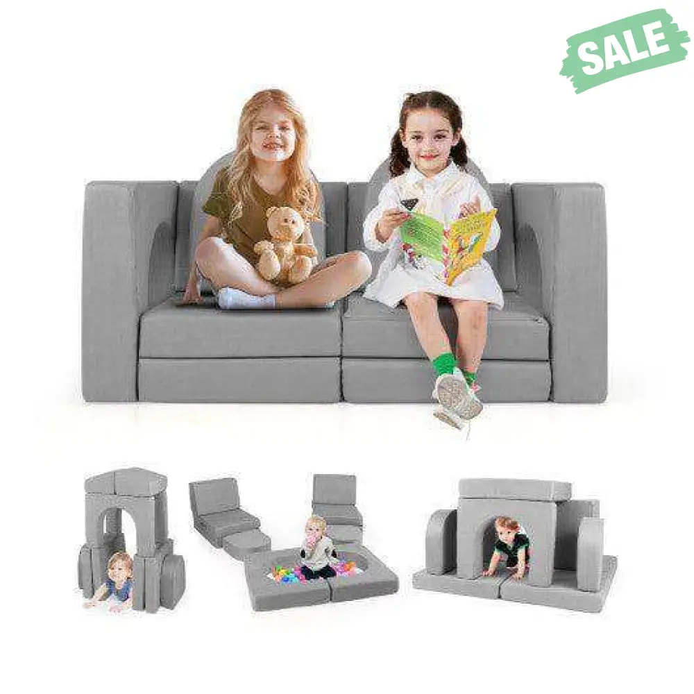 8-Piece Modular Kids Play Couch with Comfy Suede Fabric-Gray Gray Kids Chairs & Seating