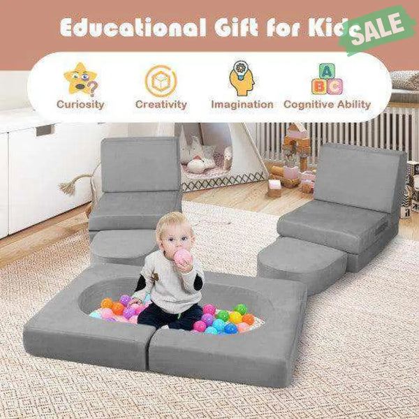 8-Piece Modular Kids Play Couch with Comfy Suede Fabric-Gray Gray Kids Chairs & Seating